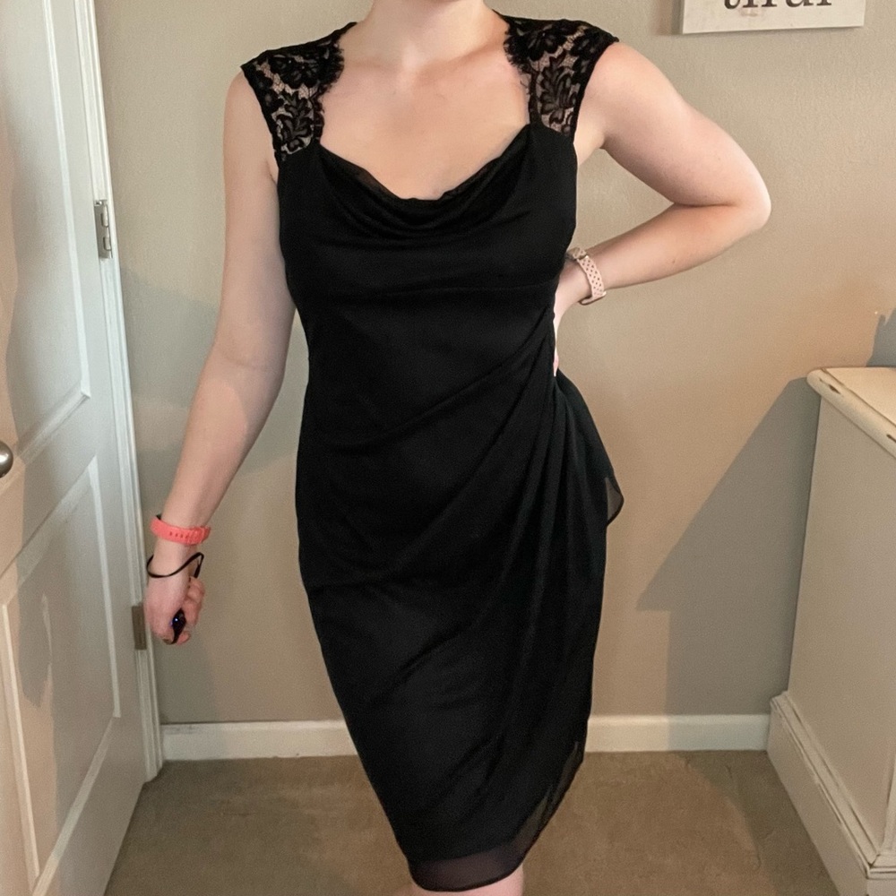 Cowl Neck Lace Fitted Formal Dress